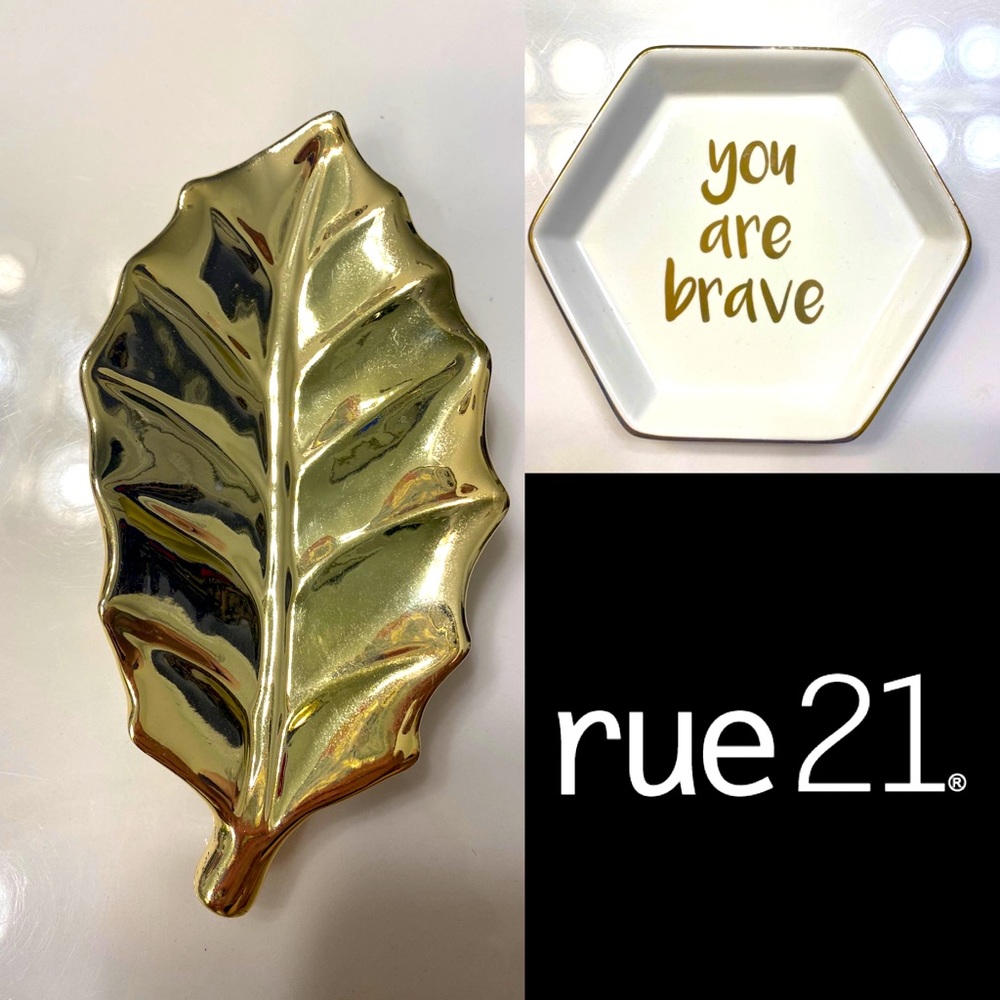 Jewelry or Trinket Dish, “you are brave” white/gold & gold leaf dish